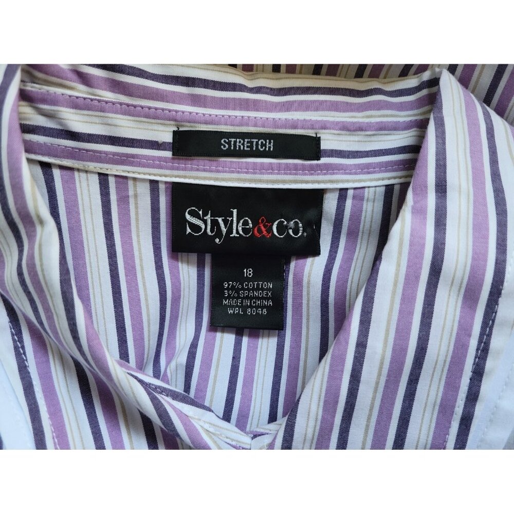Style & Co 18 Plus Size Shirt Purple Striped Cotton Blend Button Up STR215E - Picture 9 of 9